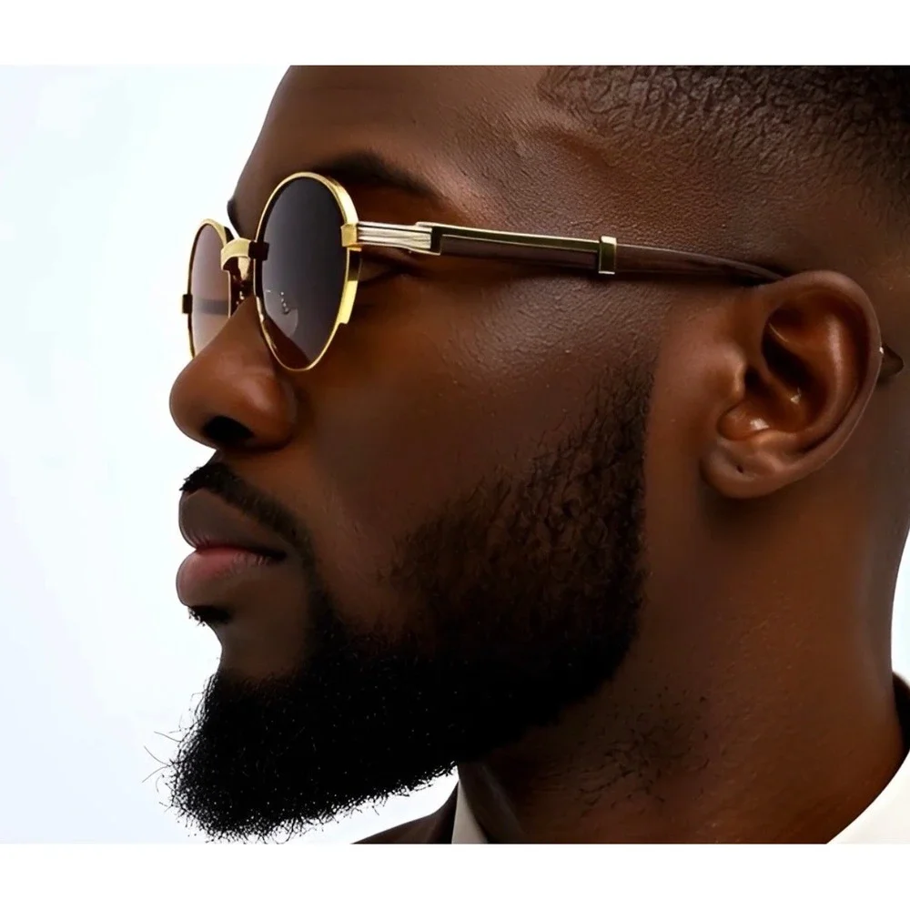 Gold Oval Sunglasses Brown Gradient Lenses‎ Wood Temples Men's Fashion Eyewear